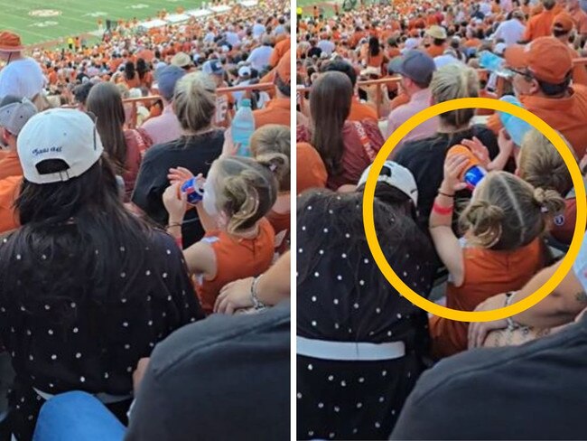 Little girl chugs a beer at a college football game. Photos: Twitter