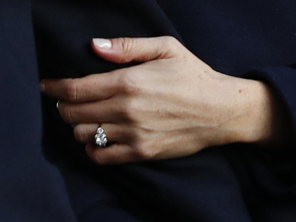 Meghan’s engagement ring contains diamonds from Botswana. Picture: AFP PHOTO / POOL / Adrian DENNIS