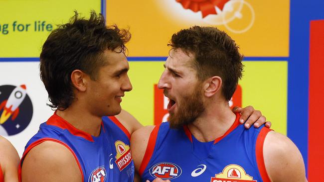 MELBOURNE. 31/03/2022.   Western Bulldogs vs Sydney Swans at Marvel Stadium. Jamarra Ugle-Hagan and  Marcus Bontempelli after tonightÃs win   . Photo by Michael Klein