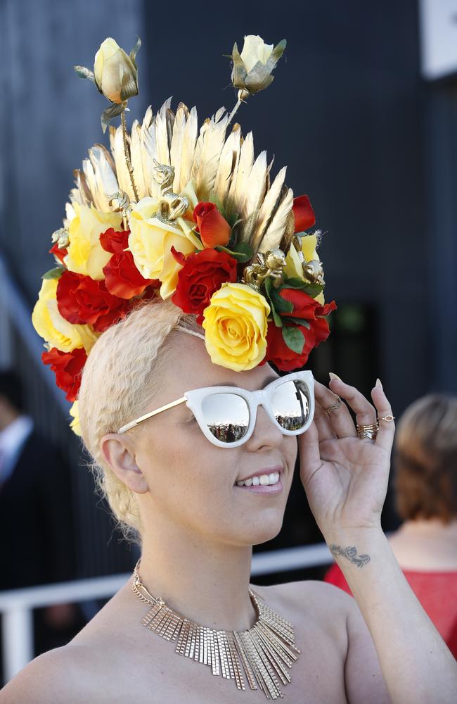 2015 Melbourne Cup Day at Flemington Racecourse. Myer Fashion in the Field. Pegi Lea wearing her own designed hat. Picture: David Caird.