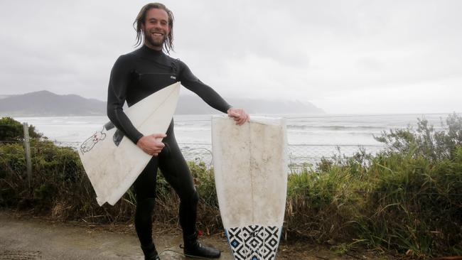 Matt Kennedy, of Clifton Beach, broke his board surfing in wild weather at Pirates Bay, Tasman Peninsula. Picture: MATT THOMPSON.