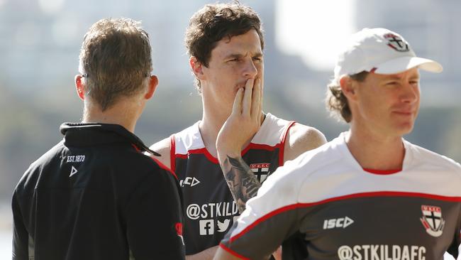 St Kilda first day of pre season training at Albert Park lake. Jake Carlisle talks with footy manager Jamie Cox . Pic: Michael Klein.