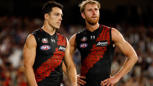 Veterans Dylan Shiel and Dyson Heppell reacts after the loss to Collingwood. Picture: Getty Images