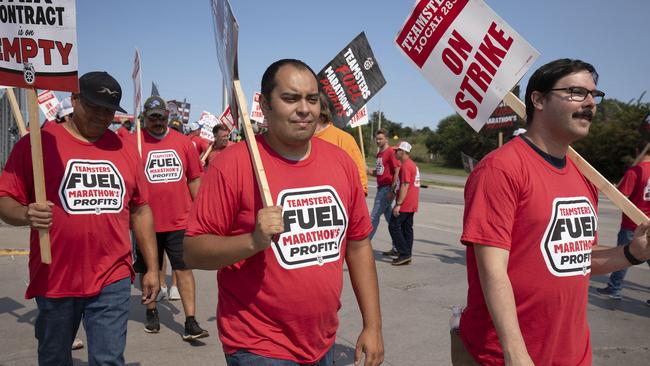 Teamsters Union members picket at the Marathon Petroleum Detroit refinery in Detroit, Michigan. Picture: Getty Images via AFP.