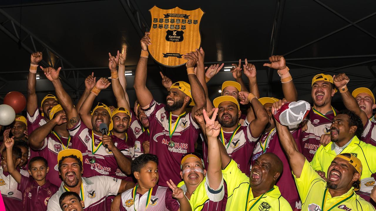 Yarrabah Seahawks celebrate winning the 2021 Cairns District Rugby League grand final. Picture: Emily Barker