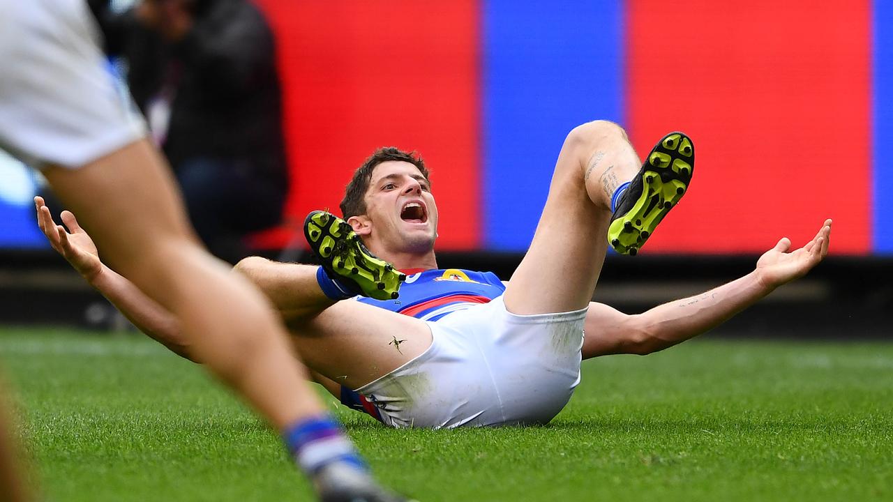 Tom Liberatore celebrates a goal against Hawthorn earlier this season.