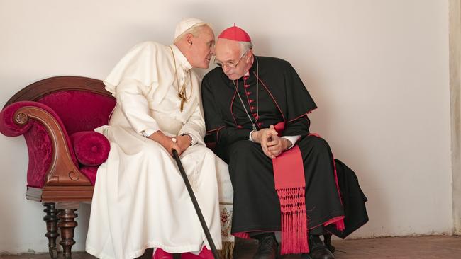 Anthony Hopkins and Jonathan Pryce in a scene from the Netflix drama The Two Popes.