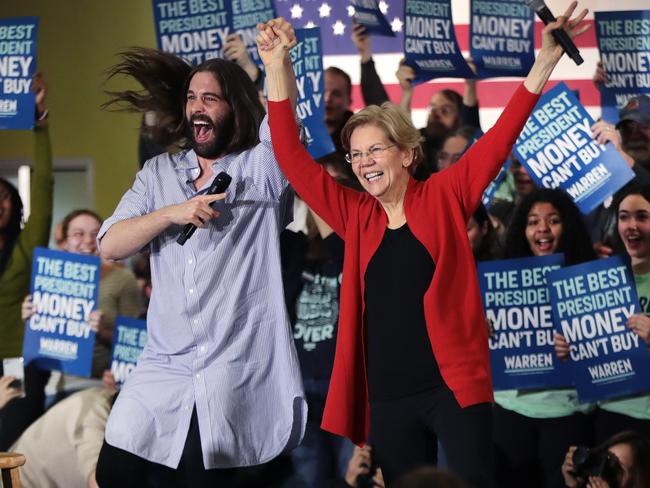 Jonathan Van Ness, of the Netflix series Queer Eye, and Democratic presidential candidate Elizabeth Warren at The NewBo City Marke in Cedar Rapids, Iowa. Picture: Scott Olson/Getty