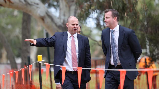 Treasurer Josh Frydenberg and Sturt MP James Stevens visit the Kensington Gardens Reserve in May, 2021: Picture: NCA NewsWire / David Mariuz