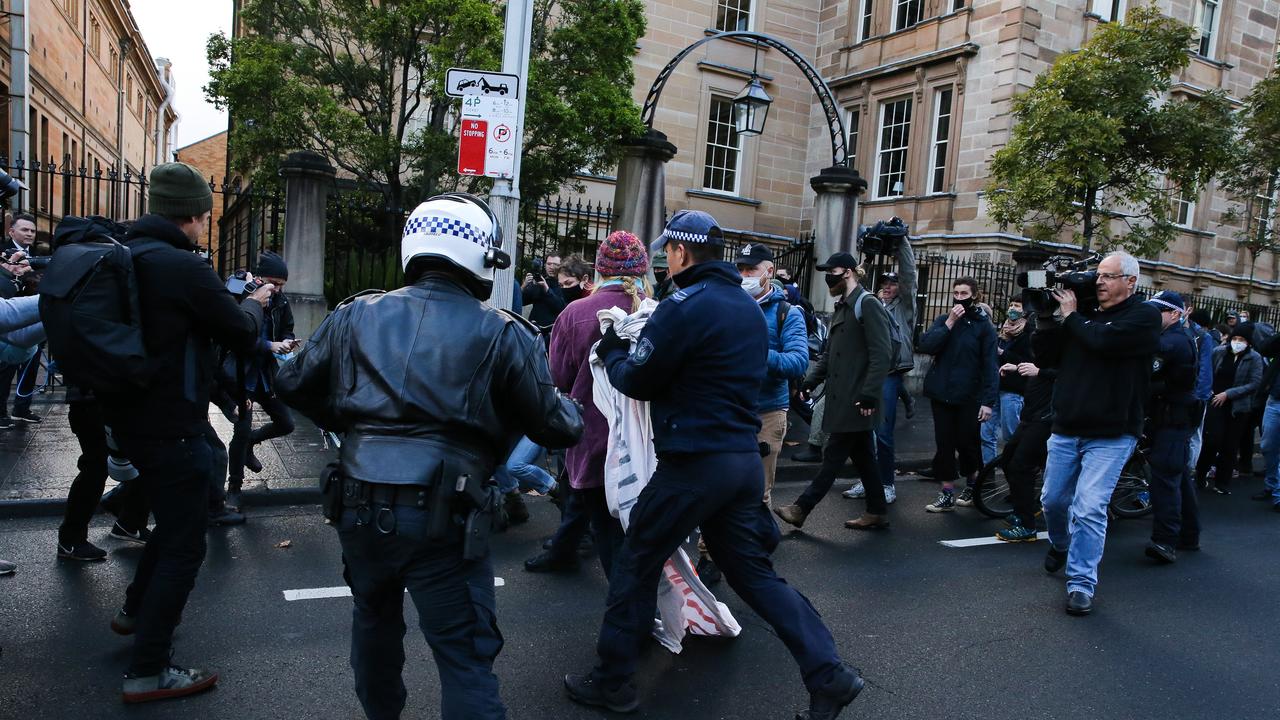 Police were quick to shut down protesters marching through the CBD on Macquarie St. Picture: NCA NewsWire / Gaye Gerard.