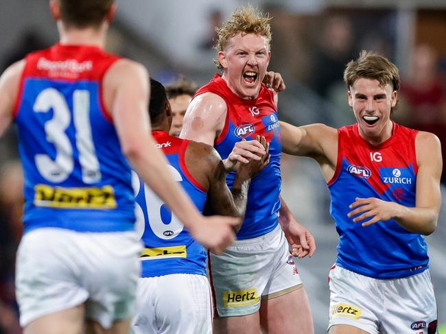 BRISBANE, AUSTRALIA - JUNE 28: Clayton Oliver of the Demons celebrates a goal during the 2024 AFL Round 16 match between the Brisbane Lions and the Melbourne Demons at The Gabba on June 28, 2024 in Brisbane, Australia. (Photo by Russell Freeman/AFL Photos via Getty Images)