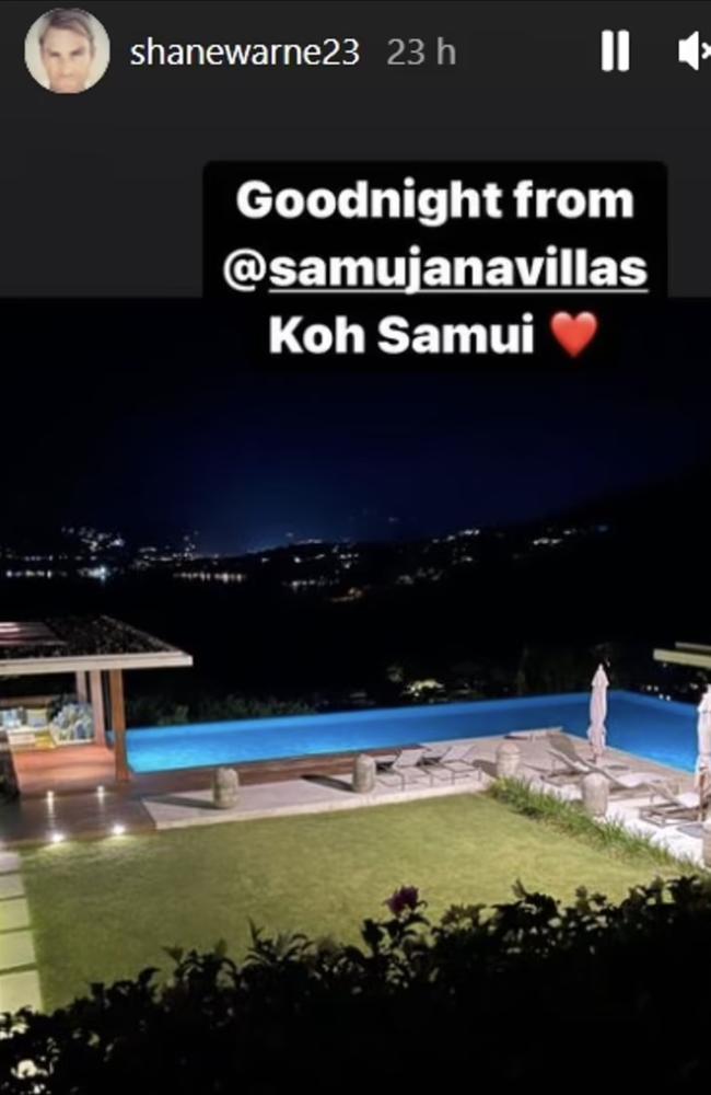 A screenshot from Shane Warne's Instagram story, from Samujana villas in Koh Samui Thailand. Picture: Instagram