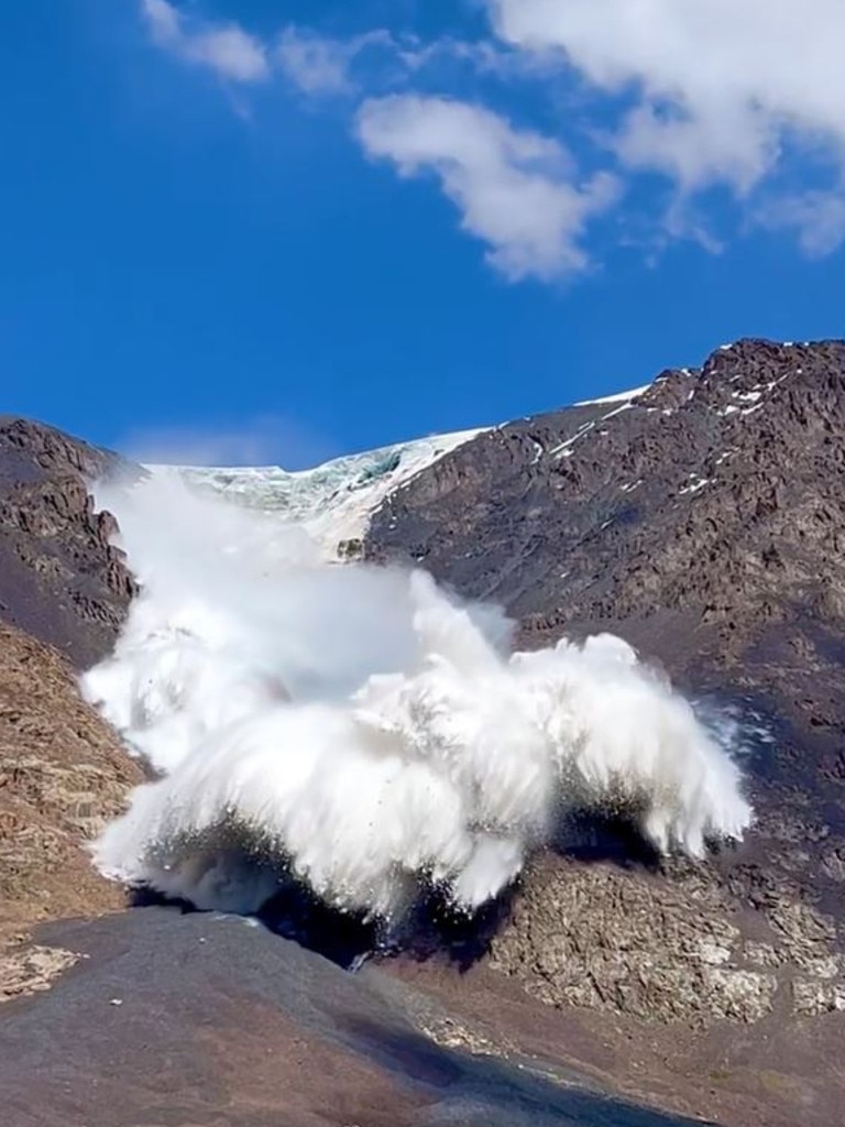 The ice and snow fell down the mountain towards him and the hiking group. Picture: Harry Shimmin/Viralhog