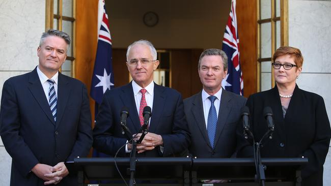 Finance Minister Mathias Cormann, PM Minister Malcolm Turnbull, Minister for Defence Industry Christopher Pyne and Minister for Defence Marise Payne at a press conference in the Prime Ministers Courtyard at Parliament House in Canberra. Picture Kym Smith