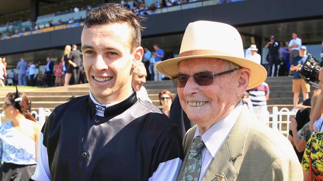 Neville Begg with jockey Jordan Childs after Written By’s Pago Pago Stakes win in Sydney in March. Picture: Getty Images