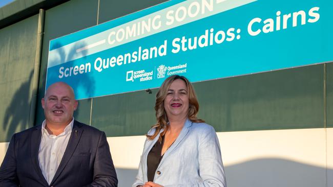 Mulgrave MP Curtis Pitt and Premier Annastacia Palaszczuk at the site of a Cairns film studio in 2022.