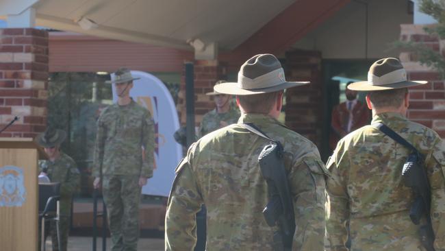 Host officer Regional Force Surveillance Group Commander Brett Thomas farewells troops at the conclusion of the parade. Picture: Laura Hooper.