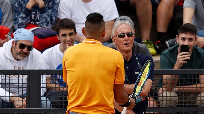 Kyrgios argues with tournament umpire Gerry Armstrong in the lead-up to his default against Casper Ruud in Rome. Pic: Getty Images