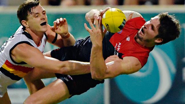 Jake Lever and Jesse Hogan during the Melbourne Demons versus Adelaide Crows match held at TIO Stadium in Darwin.