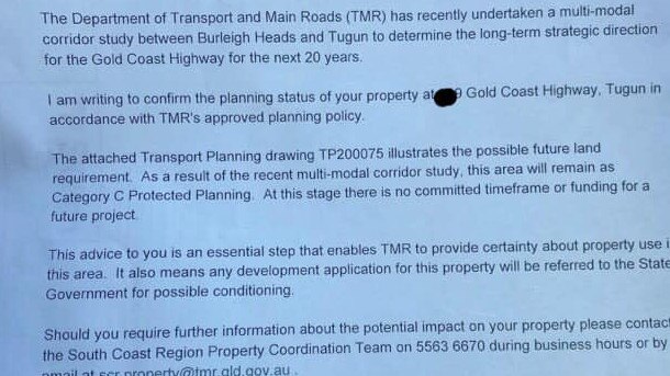 A letter sent by the Department of Transport and Main Roads to residents on the Gold Coast Highway at Tugun. Picture: Karen Rowles/Facebook