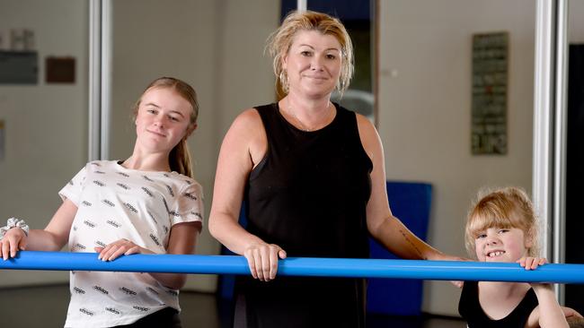 Tara Adamson with daughters Macy, 12, and Tori, 6, at TK Studios’ Hope Valley studio. Picture: Naomi Jellicoe