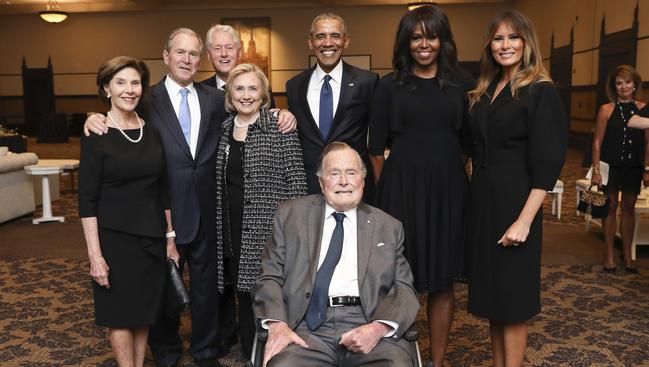 Bush, front centre, at his wife Barbara’s funeral on Saturday. Picture: AP