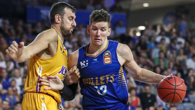 Will Magnay starred for the Bullets against former NBA big man Andrew Bogut in an NBL clash last season. Picture: AAP