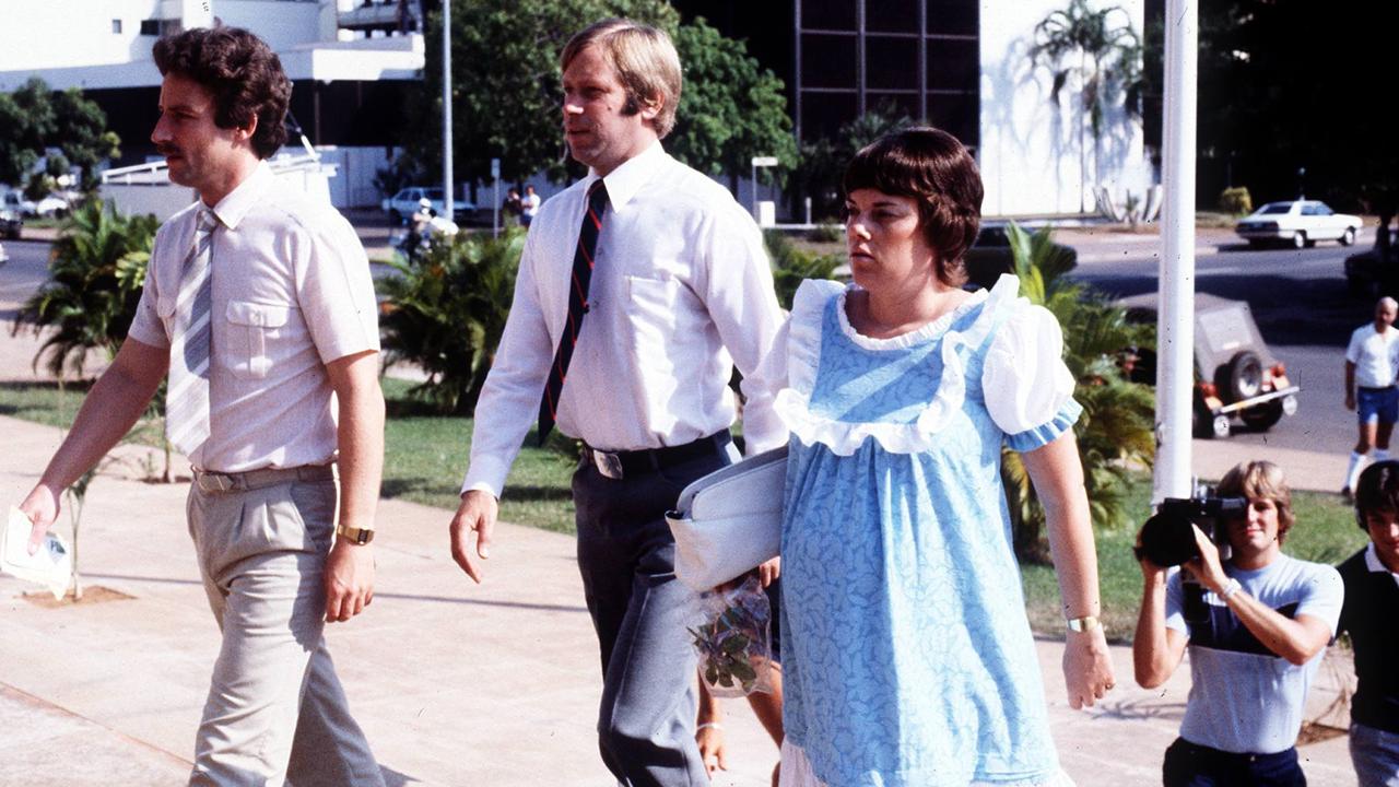 Lindy Chamberlain, who claims her baby daughter Azaria was taken by a dingo, arrives for her 1982 trial in Darwin with her husband Michael Chamberlain.