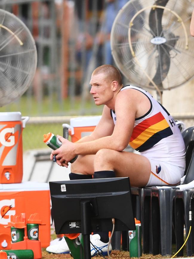 Sam Jacobs of the Adelaide Crows on the bench in the loss to Melbourne in Alice Springs. Picture: AAP Image/Mark Brake