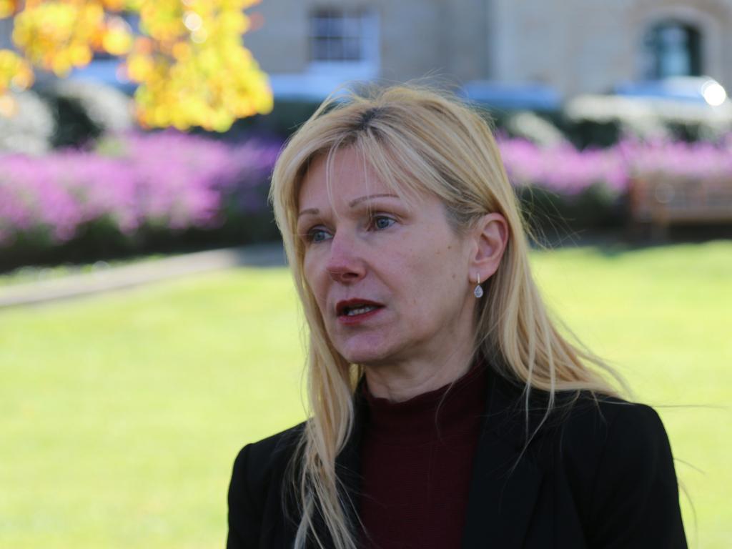 Independent MP Lara Alexander speaks to the media on Parliament Lawns in Hobart on Thursday, June 1, 2023.