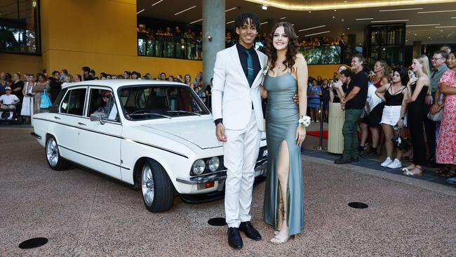 Amenyo Preston-Tsey and Cleopatra Cranston arrive at the Trinity Bay High School formal evening, held at the Cairns Convention Centre. Picture: Brendan Radke