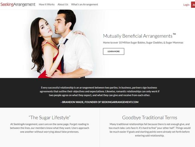 Sugar Baby ‘SeekingArrangements’ website listing Griffith University with 475 Sugar Babies allegedly on campus followed by University of Sydney 436 and Royal Melbourne Institute of Technology 406. Picture: Web