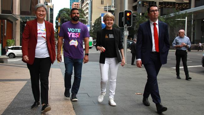 Penny Wong with Yes23 campaign director Dean Parkin, Julie Bishop, and Assistant Minister to the Prime Minister Patrick Gorman in Perth. Picture: NCA Newswire / Philip Gostelow