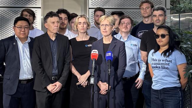 ACTU secretary Sally McManus speaking to reporters ahead of the RBA's decision on interest rates. Picture: Holly Truelove/NewsWire