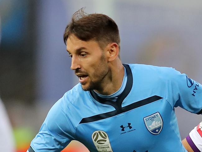 SYDNEY, AUSTRALIA - MARCH 14: Milos Ninkovic of Sydney FC and Nicholas Dagostino of Perth Glory during the round 23 A-League match between Sydney FC and the Perth Glory at Netstrata Jubilee Stadium on March 14, 2020 in Sydney, Australia. (Photo by Scott Gardiner/Getty Images)