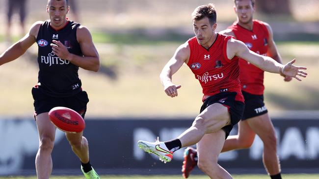 Zach Merrett gets his kick away during an intra club practice match. Picture: Michael Klein