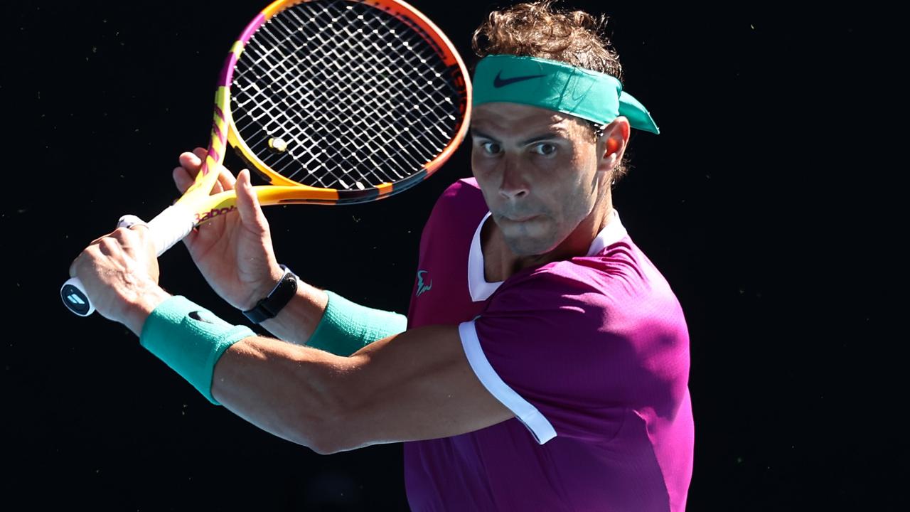 Rafael Nadal plays backhand in his first round singles match against Marcos Giron. Picture: Getty Images