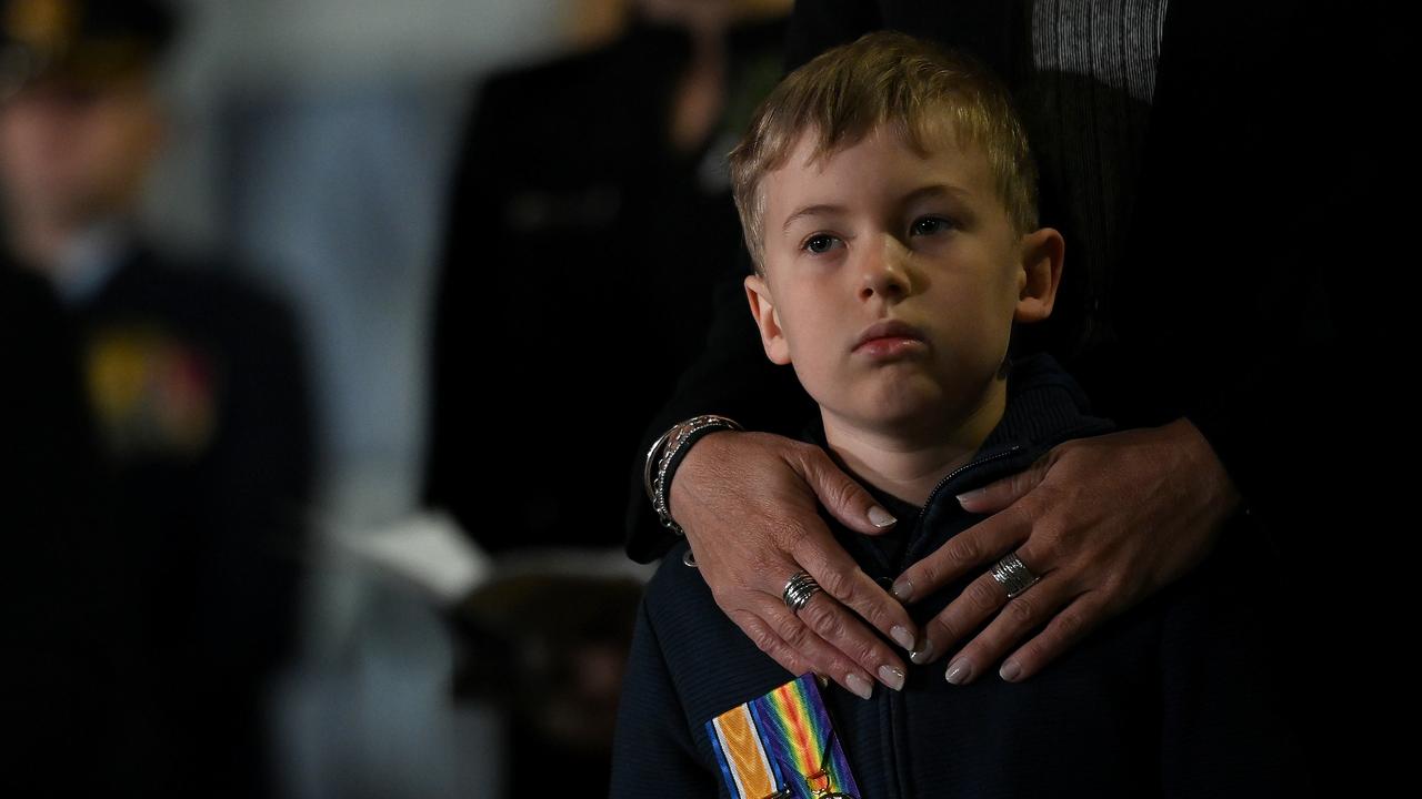 Theo Baxter is seen wearing his great-grandfather’s service medals. Picture: NCA NewsWire/Bianca De Marchi