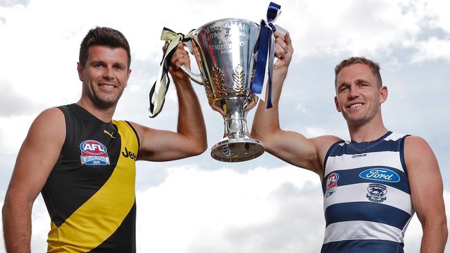 Richmond captain Trent Cotchin and Geelong skipper Joel Selwood ahead of the 2020 AFL grand final. Picture: Michael Willson/AFL Photos via Getty Images