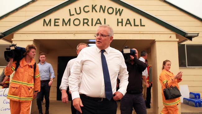 Prime Minister Scott Morrison outside the Lucknow Hall, transformed into a donations centre on the outskirts of Bairnsdale. Aaron Francis/The Australian