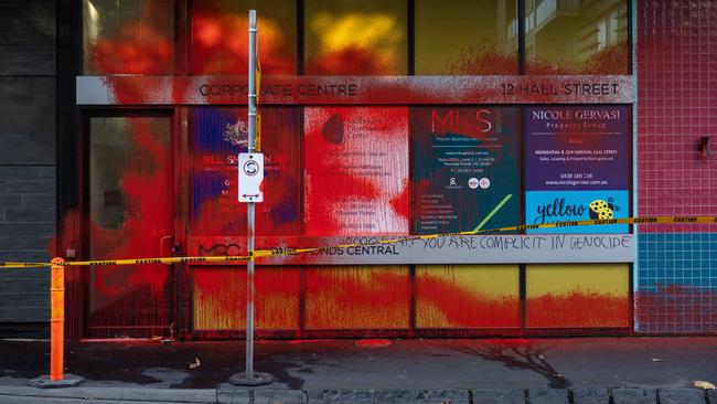 Damage to Bill Shorten’s Melbourne office by pro-Palestine vandals. Picture: NewsWire / Diego Fedele