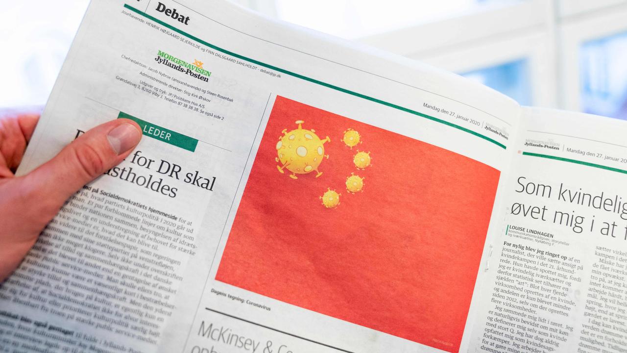 The cartoon depicted the Chinese flag with yellow coronavirus stars. Picture: Ida Marie Odgaard/Ritzau Scanpix/AFP