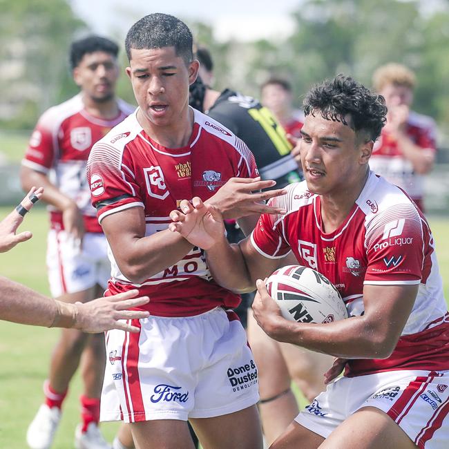 Fullback Sonny Hewitt (right) scored one of the best tries of round 3 to start Saturday’s game with the Tigrs. Picture: Glenn Campbell