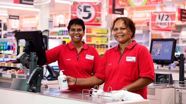 Coles staff Veronica Fejo and Robyn-Lee Taylor. Picture: Justin Kennedy