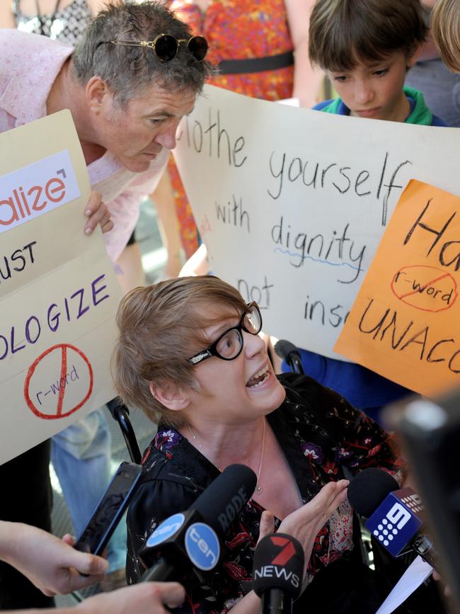 Kelly Vincent attends a protest meeting in Rundle Mall.