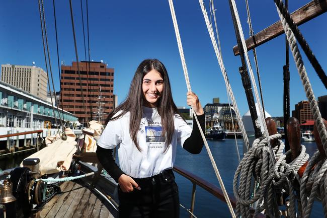 Paige Thomas 14 crew member of the SV Rhona H who were part of the flotilla to say goodbye to the Aurora Australis. Final voyage out of Hobart for the Aurora Australis. Picture: NIKKI DAVIS-JONES