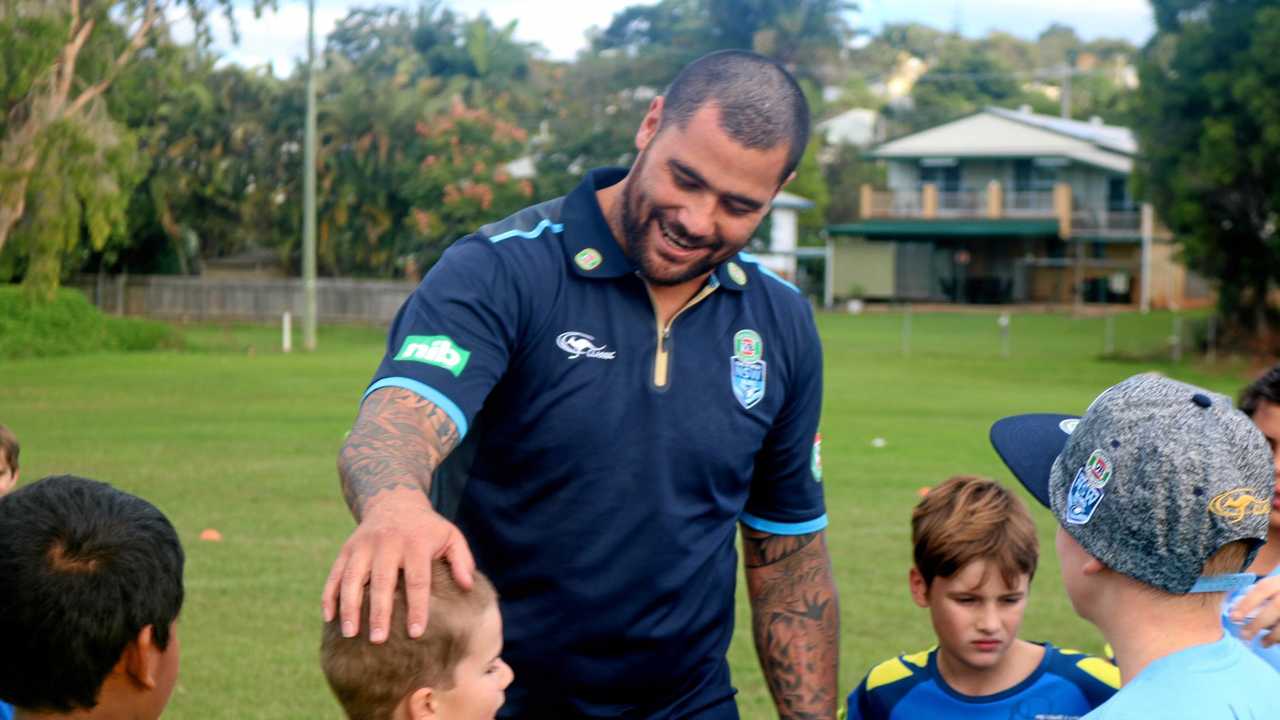 Andrew Fifita meets young fans during a NSW Blues visit to Murwillumbah Brothers on Tuesday, May 23, 2017. Picture: Daniel Mckenzie