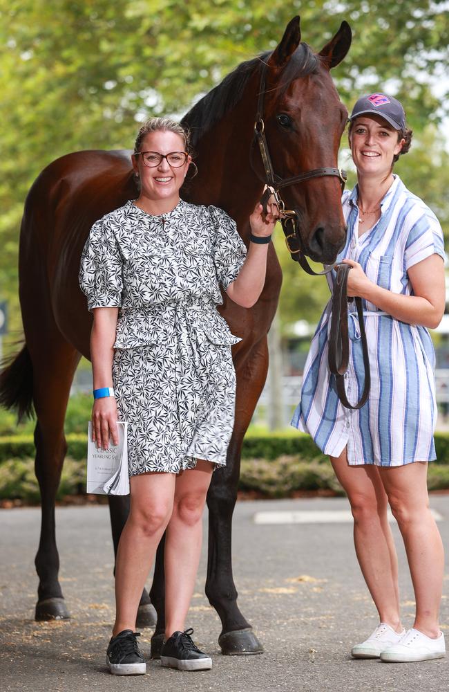 Lizzie Jelfs and Annabel Neasham, with Lot 731 filly by Encryption, at the Inglis Classic Yearling Sale, at Warwick Farm on Sunday. Picture: Justin Lloyd