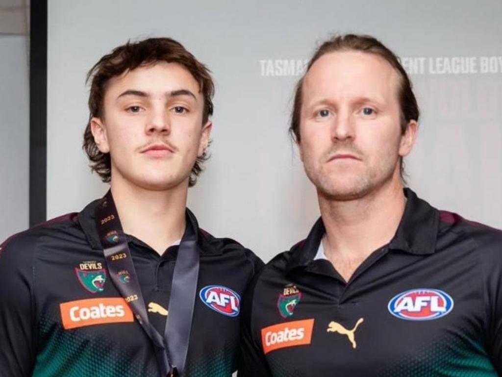 AFL draft aspirant Geordie Payne with his Tasmania Devils coach Jeremey Webberley.