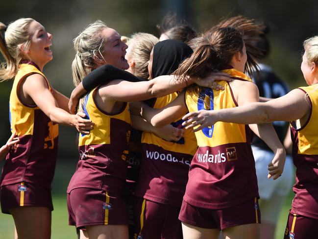 Southern football league women's Grand Final: Murrumbeena v Oakleigh District at Jack Barker reserve, Cheltenham. Murrumbeena players celebrate after their first flag in the fledgling womens competition. Picture: AAP/ Chris Eastman